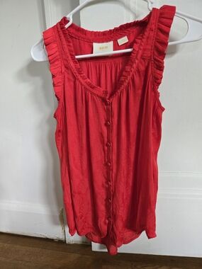 Anthropologie Bright Red Sleeveless Button-Up Ruffle-Trim Top